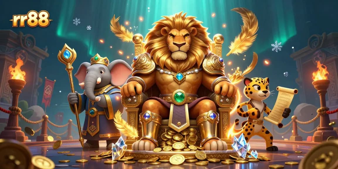 Spin exciting jackpots at rr88 with a fierce lion king and friends in a vibrant casino scene.