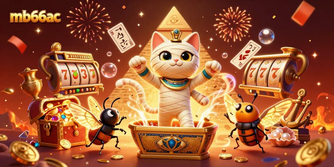 Experience the excitement of mb66ac's casino universe with a 3D illustrated mummy cat and treasures!