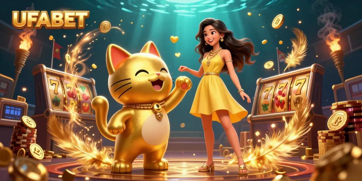 Spin the reels at UFABET while enjoying a colorful interaction with a golden lucky cat.
