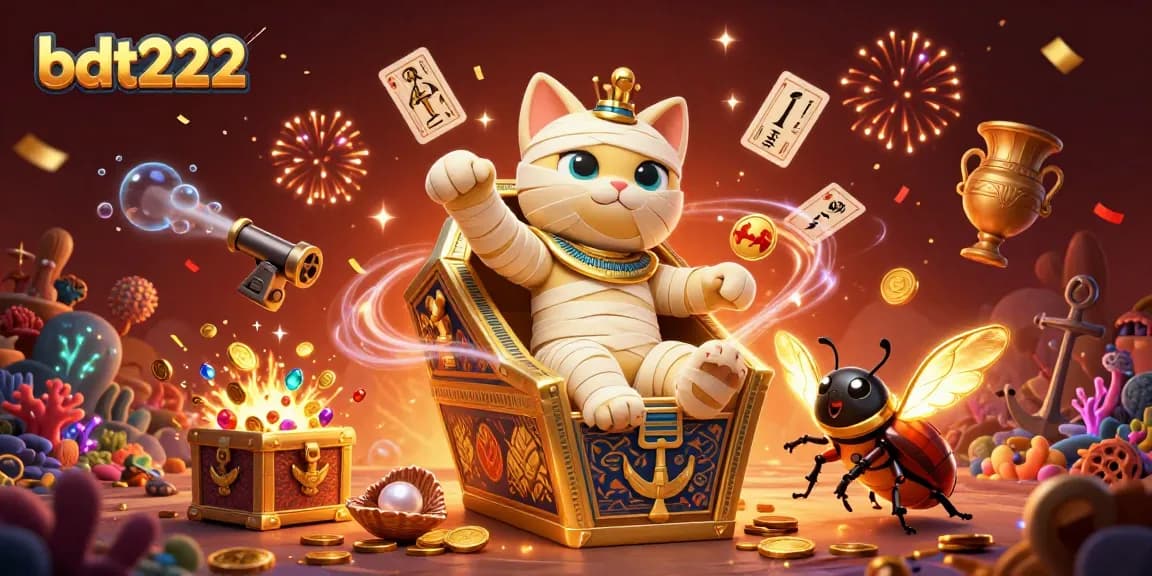 Engage with bdt222's exciting gaming scene featuring a vibrant mummy cat and gold-filled treasures.