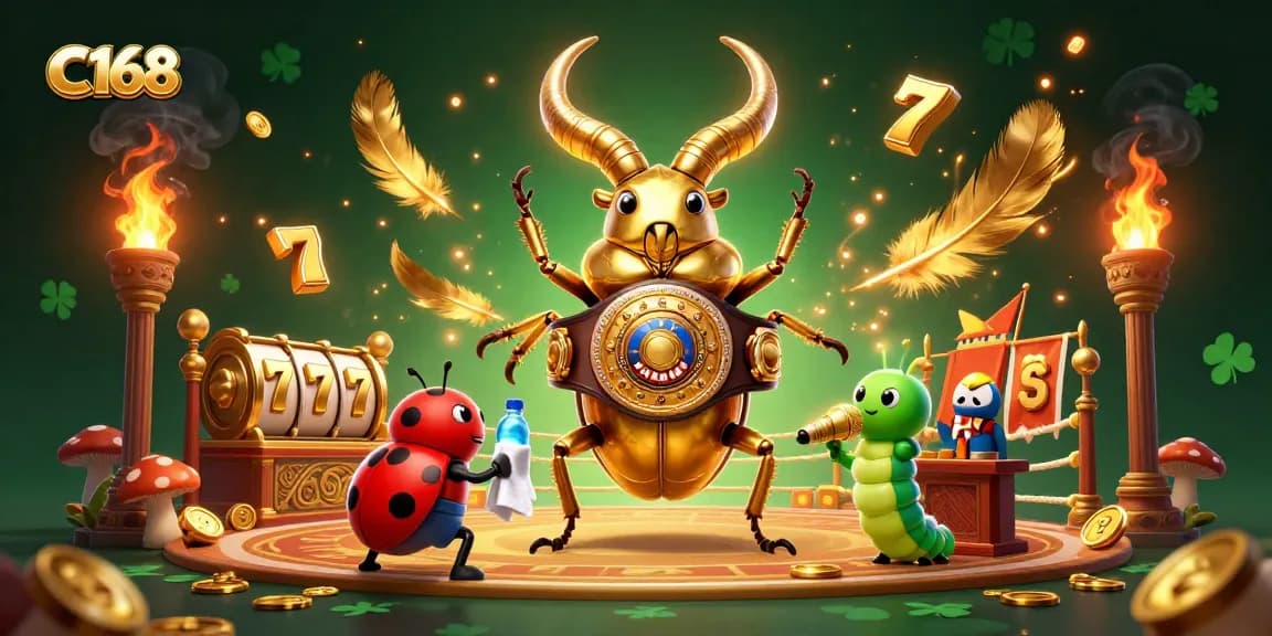 C168 showcases a thrilling slot game atmosphere with dynamic gold beetle and ladybug characters.