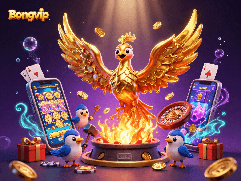 Bongvip offers exhilarating gameplay with a golden phoenix symbolizing fortune and gold coins erupting from a vibrant slot game.
