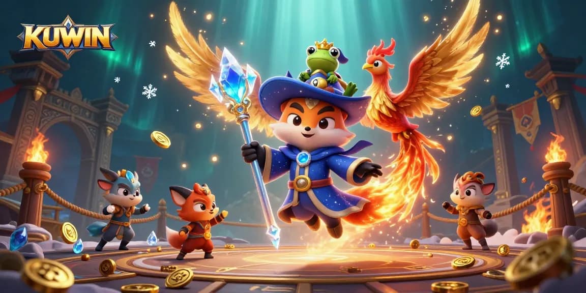 Engage with KUWIN in this vibrant 3D illustration featuring a wizard fox, phoenix, and enchanted frog in a dynamic casino landscape.