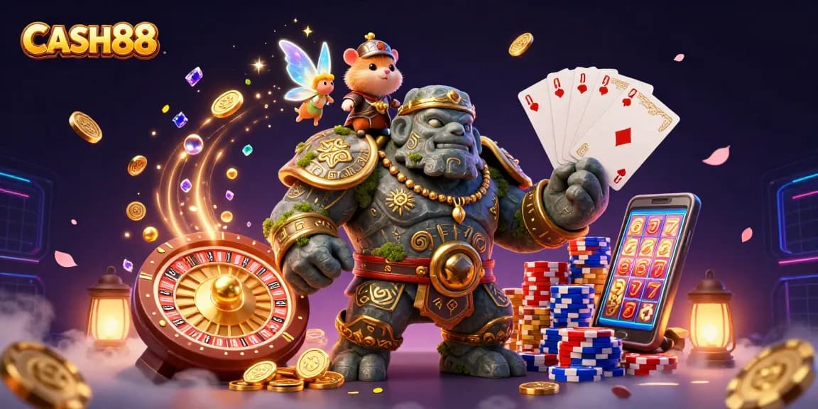 CASH88 brings excitement with a 3D ancient golem and fairy in a vibrant casino scene