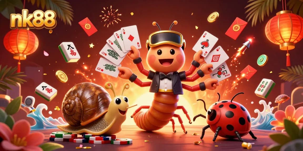 Experience nk88 with a vibrant 3D cartoon casino scene featuring lively characters and festive game elements.