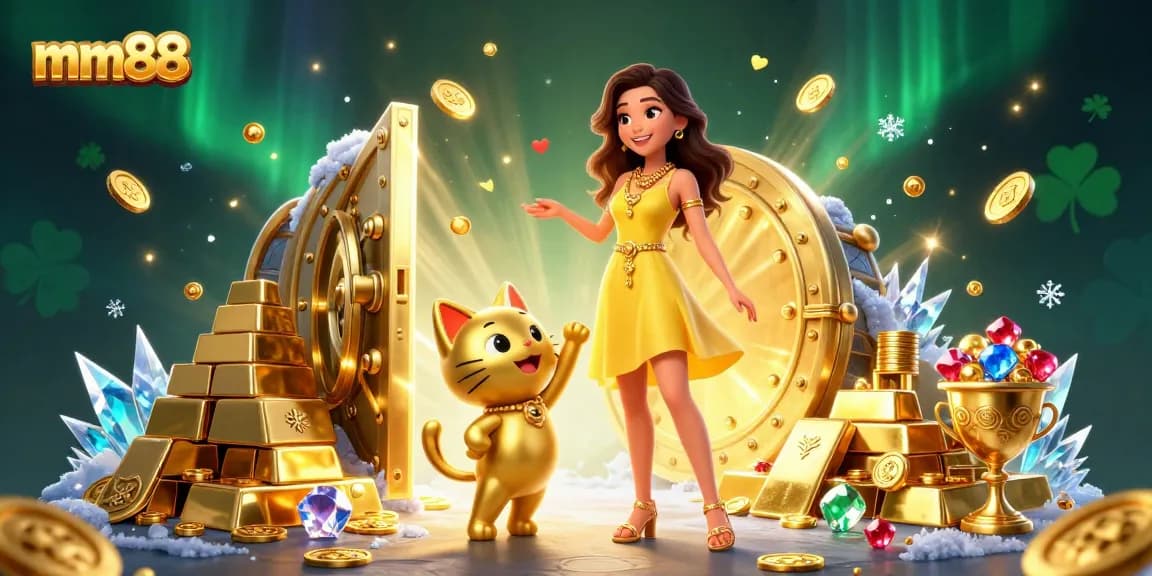 Experience excitement with mm88 as a joyful Asian woman interacts with a golden lucky cat in a vibrant casino setup.