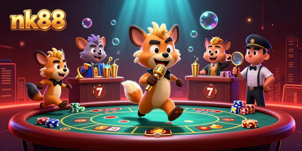 Experience nk88 with entertaining hyenas in a lively casino scene, showcasing vibrant slot machines.