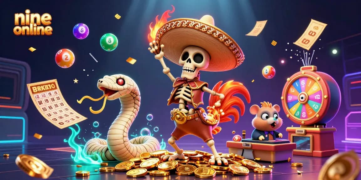 Win big with nine online in this vibrant 3D casino celebration featuring lively characters and dynamic gaming elements.