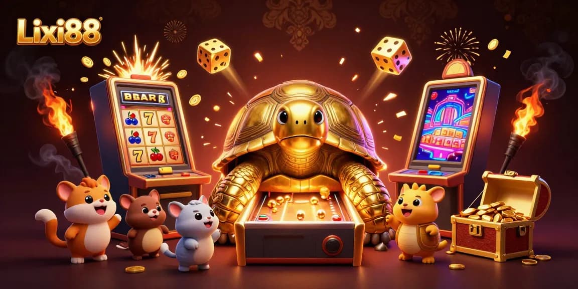 Experience Lixi88 with a vibrant scene of a colossal golden tortoise in a pinball machine, surrounded by a jackpot spectacle and excited players.