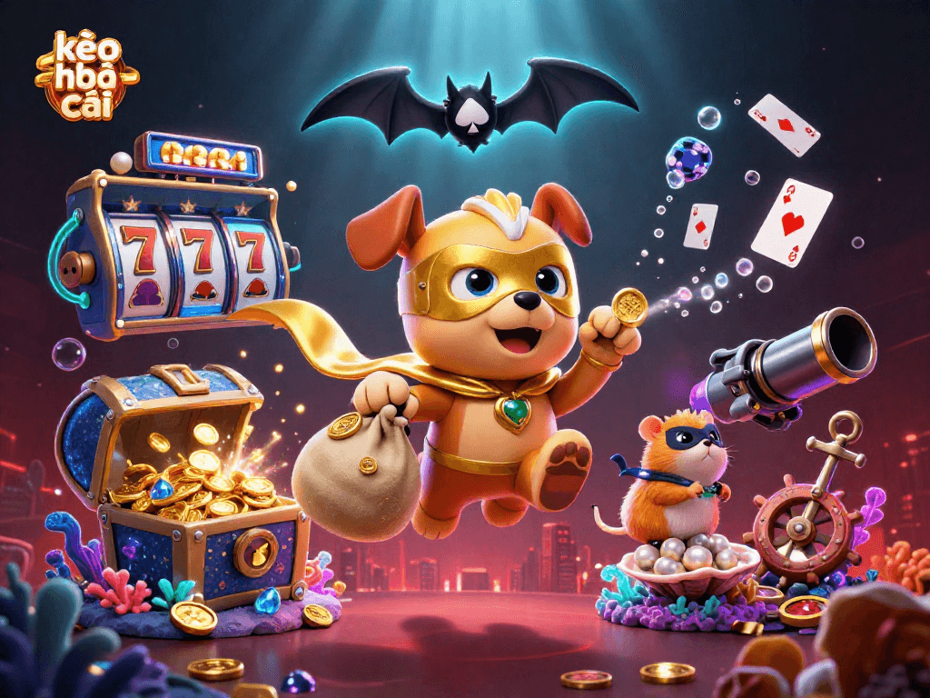 Experience the thrill of kèo nhà cái with a heroic dog and vibrant casino game elements in a dynamic underwater scene.
