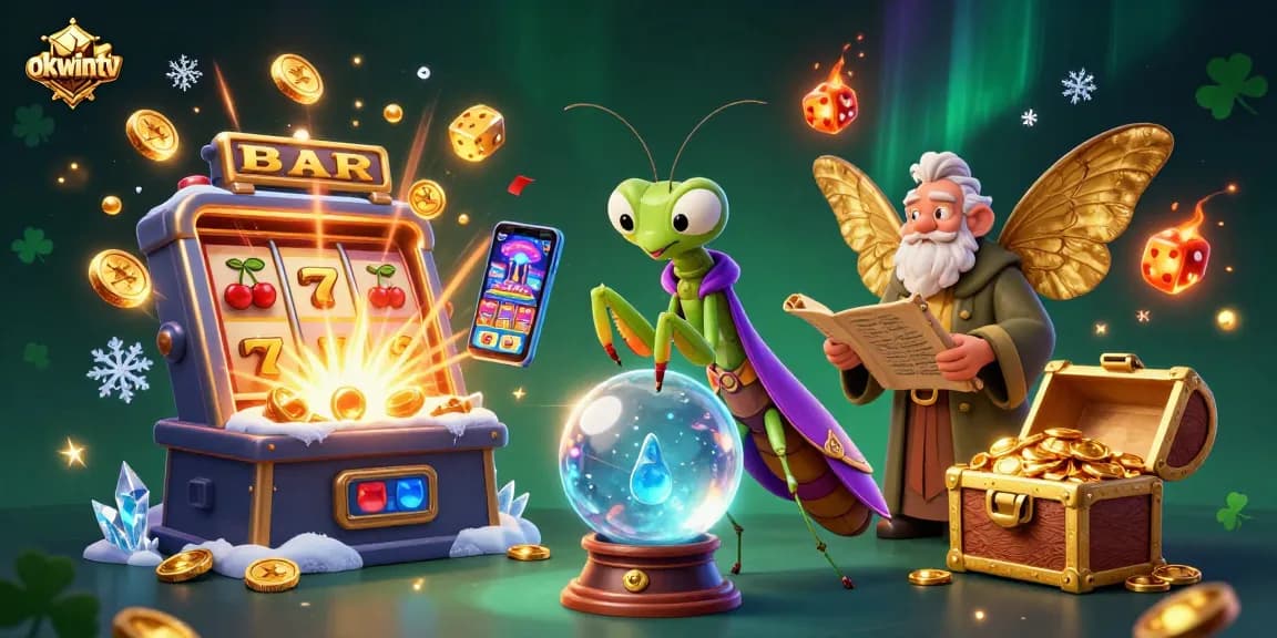 Experience okwintv's thrilling atmosphere with a vibrant 3D illustration featuring gambling and fortune-telling elements.