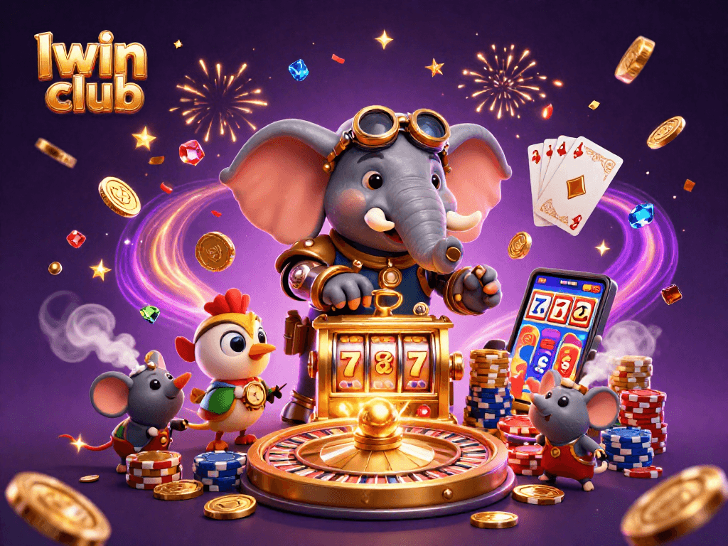 Iwin club's lively 3D steampunk casino scene with an elephant engineer and dynamic gaming elements