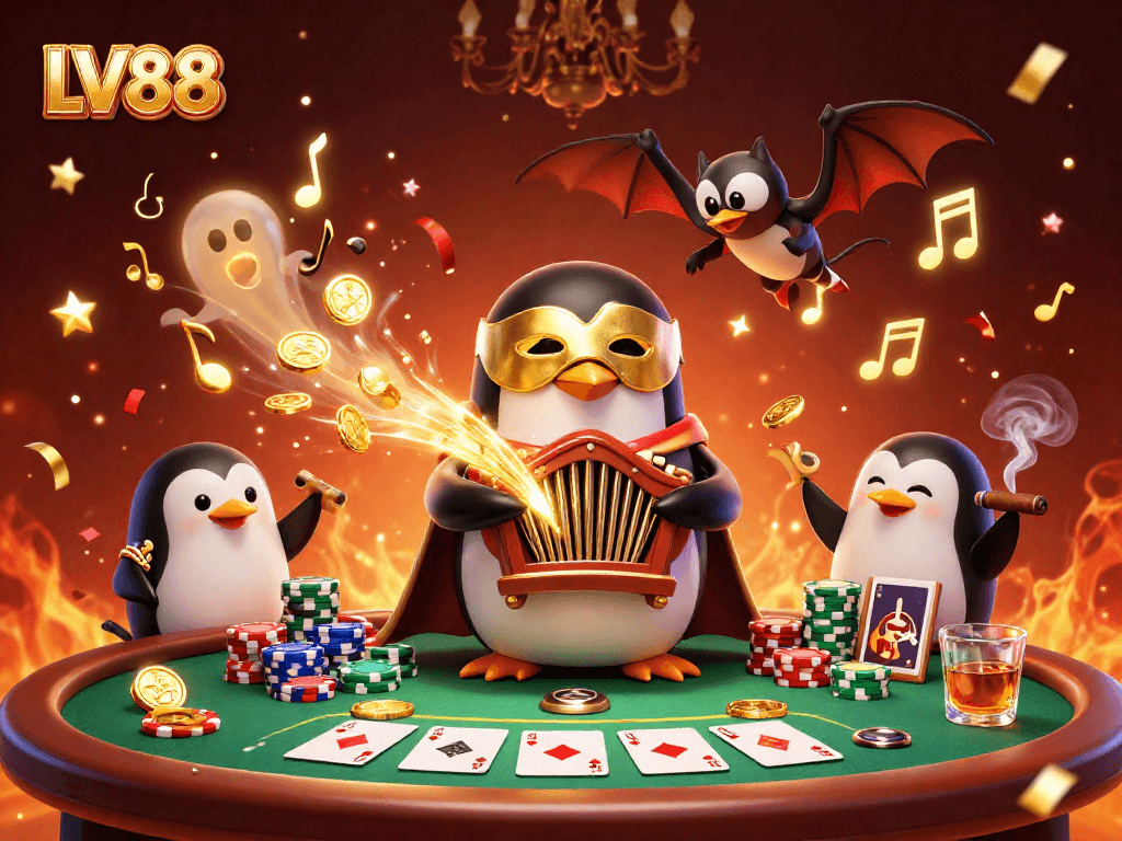 Experience LV88's captivating gaming world with a phantom penguin and dazzling casino elements.