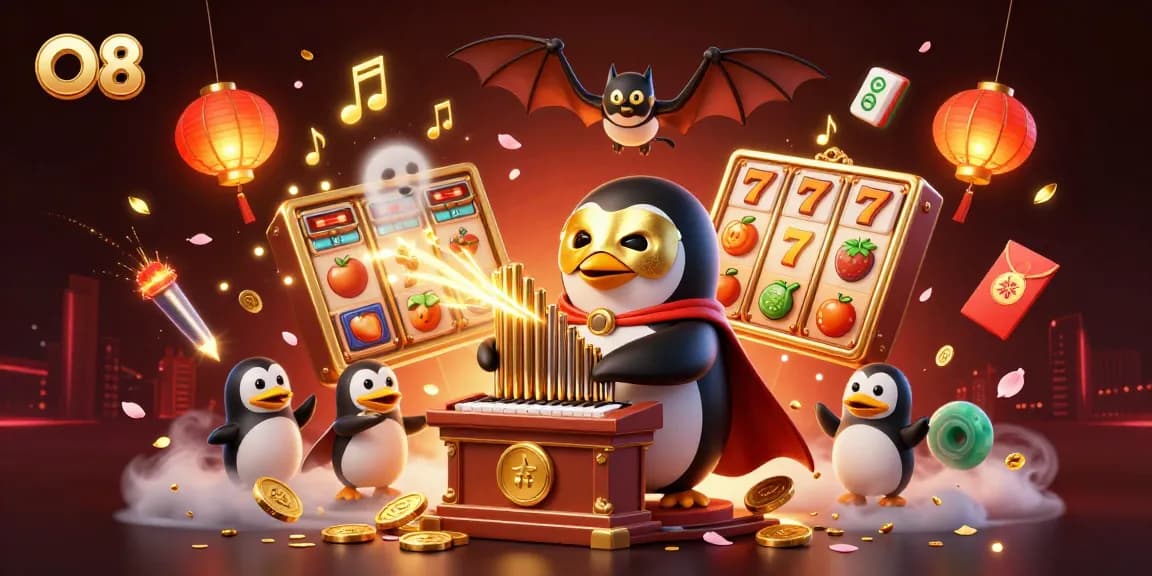 O8 showcases engaging gambling action with a whimsical penguin and dynamic slot elements.