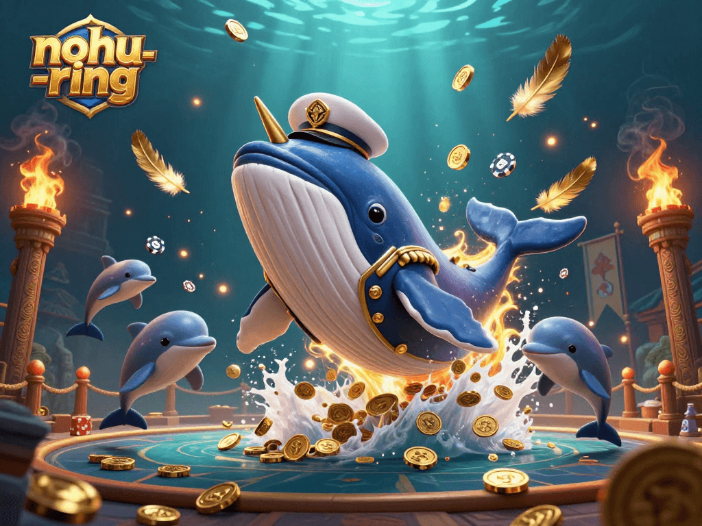 Experience thrilling adventures in nohu-ring with a whale, narwhal, and dolphins among gold coins.