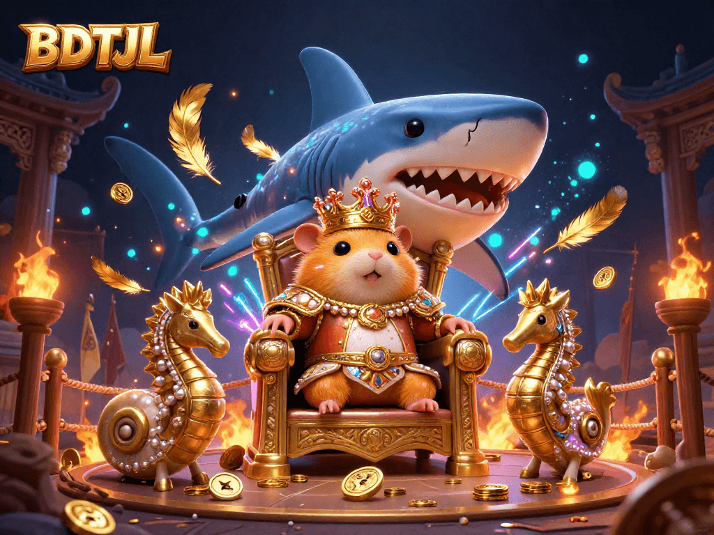 Engage in thrilling gameplay at BDTJL casino with a dynamic illustration showcasing a hamster king and royal guards.