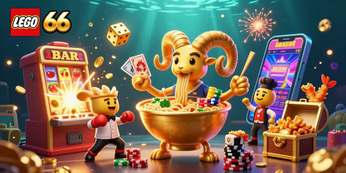 Lego66 slot game scene featuring cartoon characters celebrating with cards and jackpot coins.