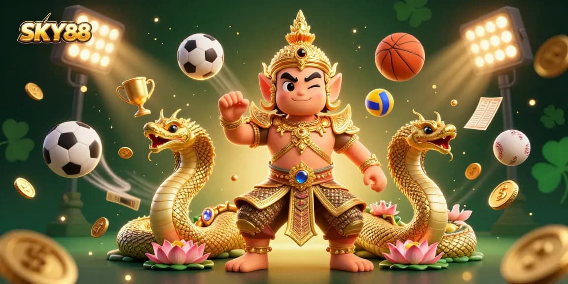 Experience thrilling gameplay with SKY88 in this dynamic casino illustration featuring a guardian and sports elements.