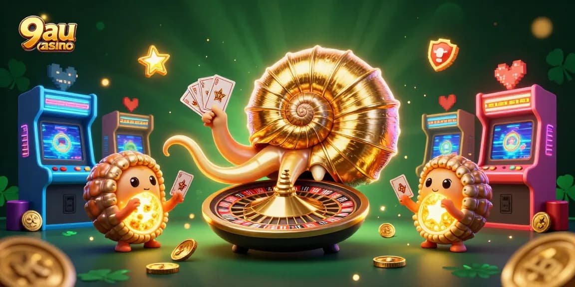 Experience the excitement of 9au casino with a lively scene featuring a giant nautilus roulette wheel.