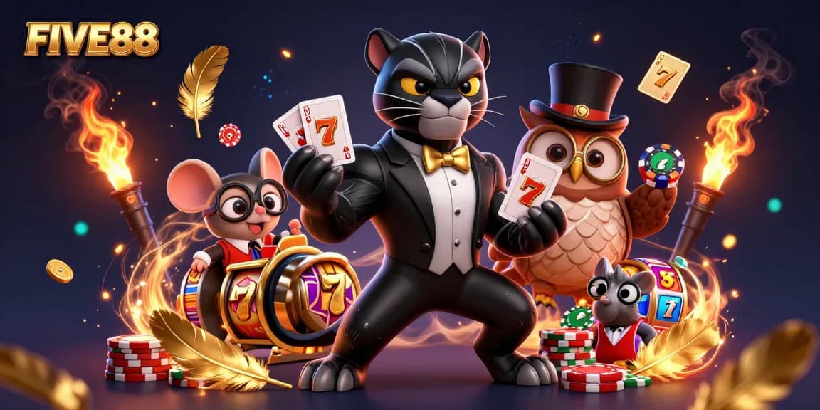 Engage with the festive spirit at FIVE88 casino, as the stylish panther deals cards among golden coins.