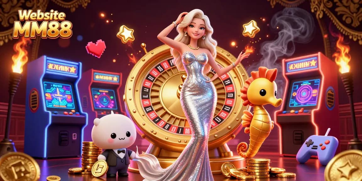 Experience thrilling gameplay at Website MM88 with colorful casino elements and a dazzling roulette wheel.