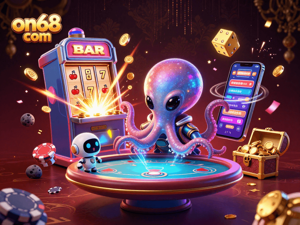 Engage thrillingly at on68 com with a dazzling cosmic casino illustration featuring an octopus and high-stakes games.