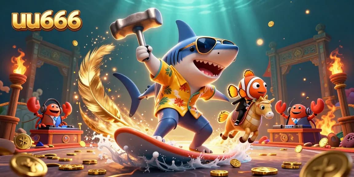 uu666 grabs attention with a vibrant underwater casino scene featuring a shark surfing on gold coins.