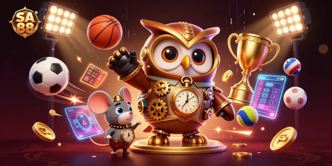 Engage with SA 88's immersive casino world featuring a time-traveling owl and dynamic sports elements.