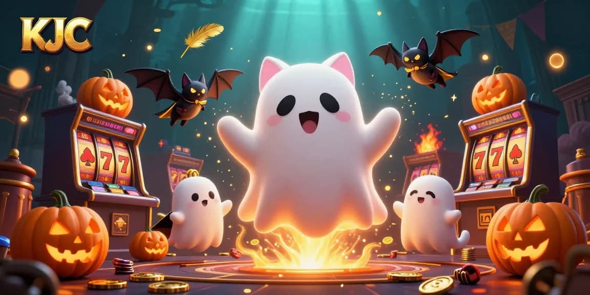 KJC's virtual gaming experience comes alive with a friendly ghost cat and a bat companion among slot machines.