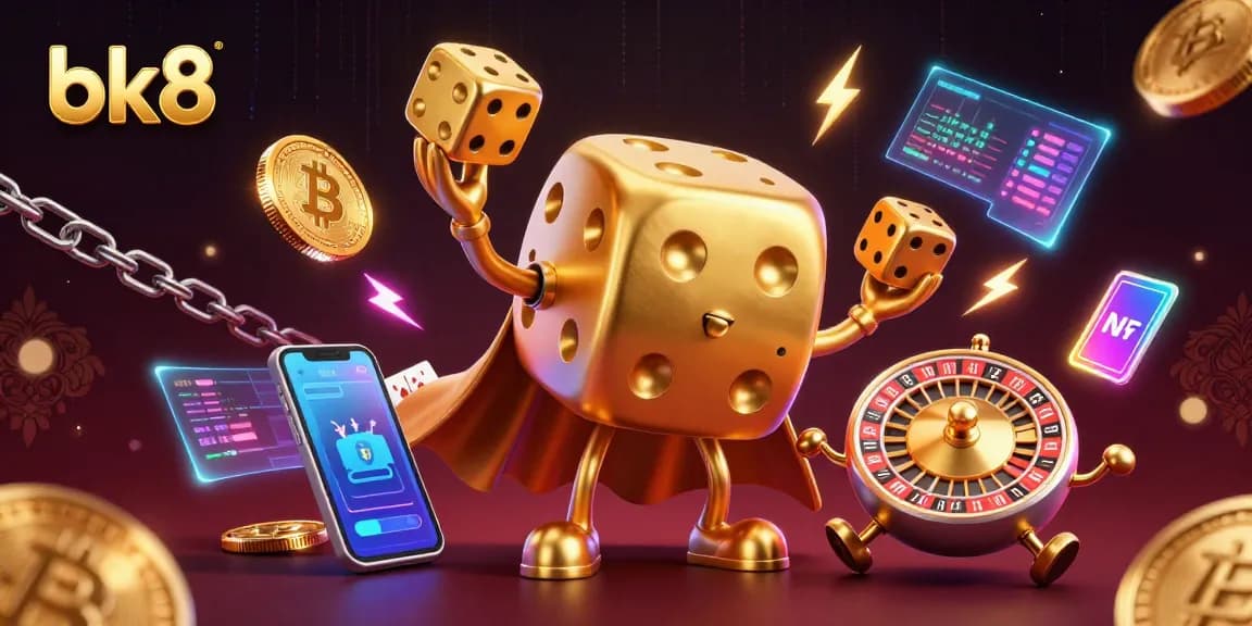 Experience immersive gaming with BK8's charismatic golden dice golem and crypto-themed elements.