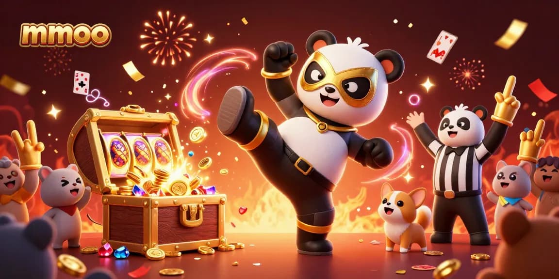 Engage with mmoo’s thrilling casino atmosphere, featuring a panda wrestler and exciting gaming elements.
