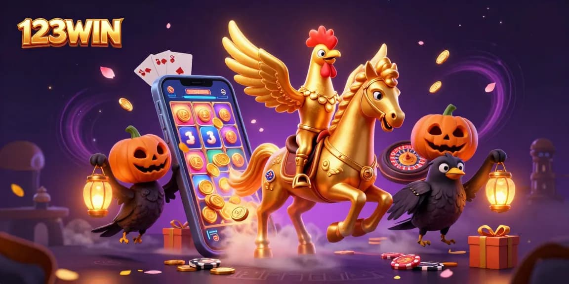 Experience vibrant 123WIN action with a golden rooster and mystical characters amidst a casino.