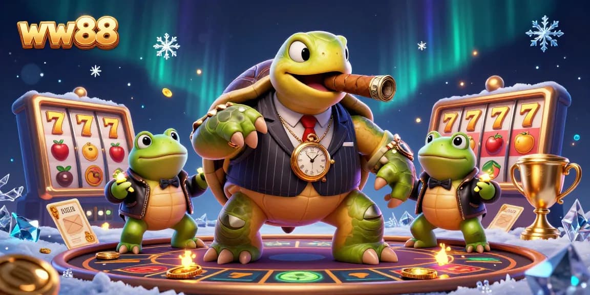 Experience thrilling games at ww88 with a lively 3D casino scene featuring a cartoon turtle in a pinstripe suit.