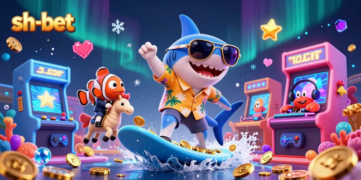 Join the action with sh-bet as the shark rides a wave of gold coins in this vibrant casino scene.