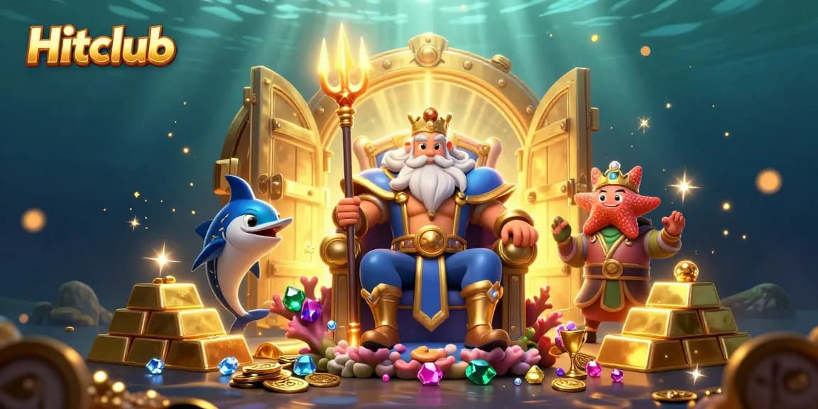 Hitclub showcases an epic sea king surrounded by treasures in a vibrant casino-themed illustration.
