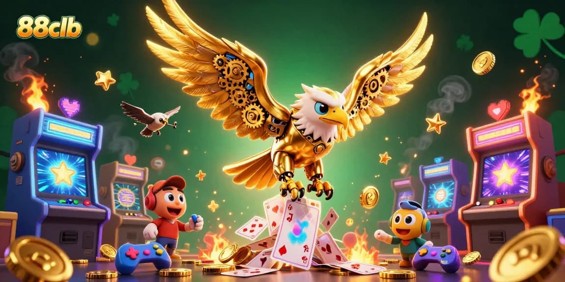 Engage with the world of 88clb, where a golden eagle soars through a dynamic casino-themed landscape.