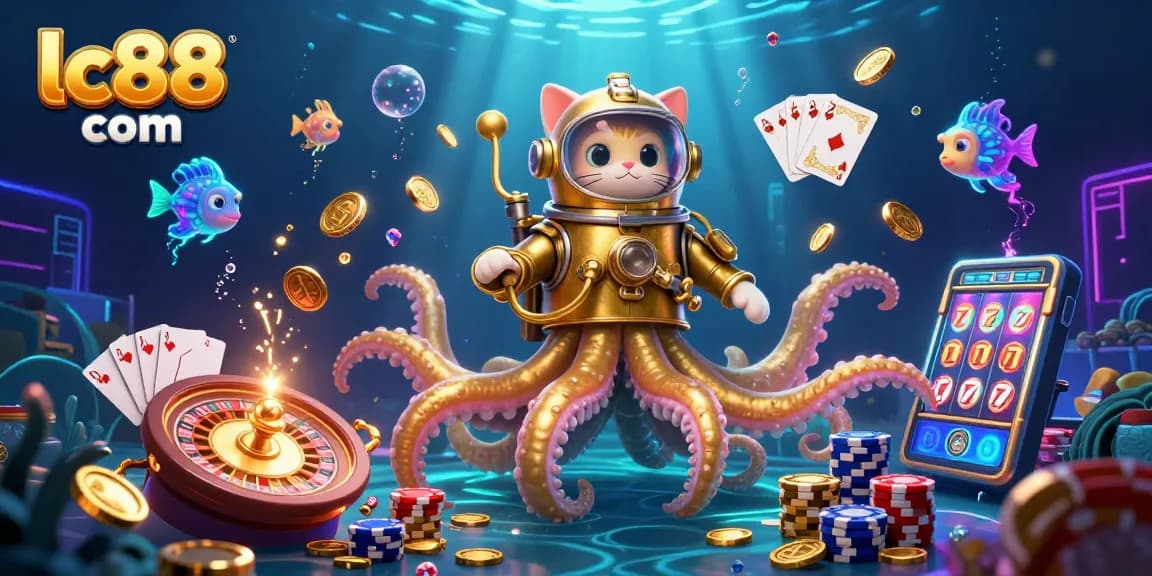 Experience exciting gameplay at lc88 com with a 3D kraken, diving cat, and sparkling casino elements.