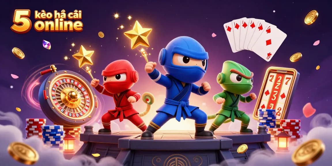 Engage with kèo nhà cái 5 online as chameleon ninjas celebrate casino wins amidst golden coins.