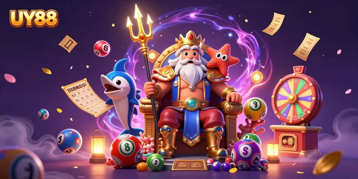 Engage with UY88 in this vibrant gaming scene featuring Neptune and interactive lottery elements.