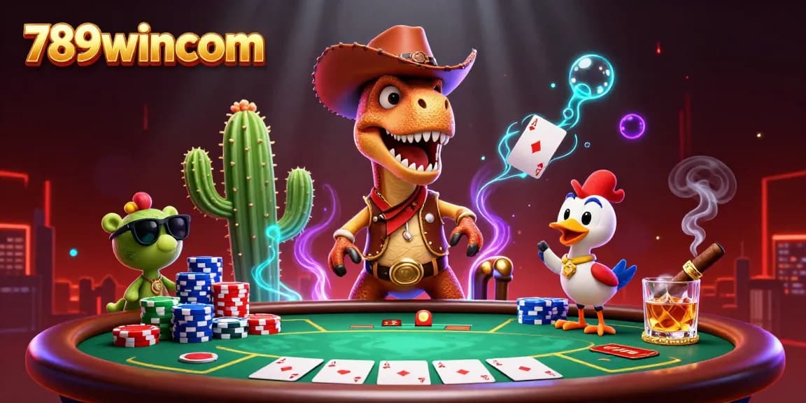 Engage with 789wincom's vibrant casino scene featuring a T-Rex cowboy and poker elements.