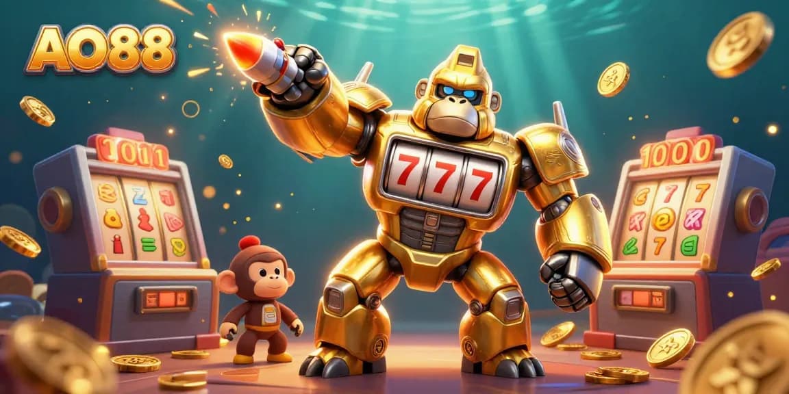 Engage in thrilling gameplay at AO88 with a dynamic scene featuring a golden gorilla mech and vibrant slot elements.