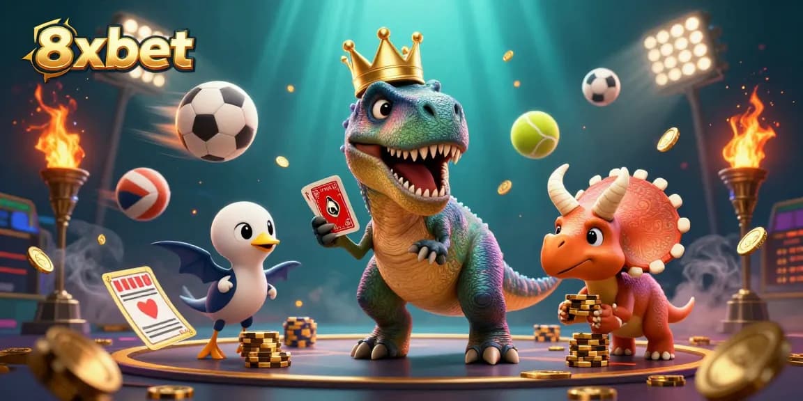 Engage with dynamic betting excitement at 8xbet, featuring vibrant characters in a lively casino setting.