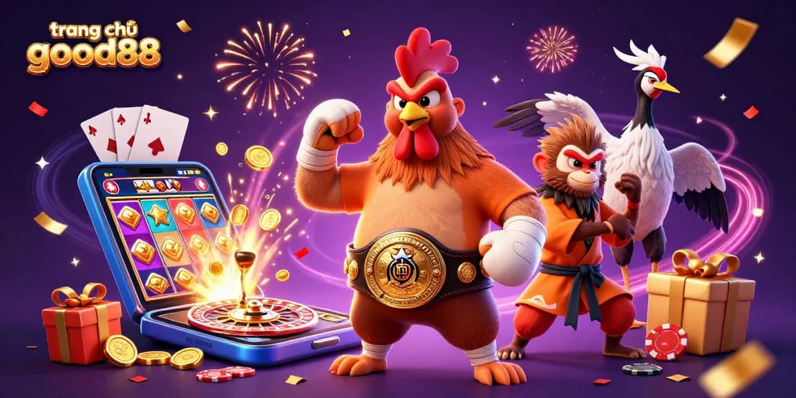 Engage with the exciting world of trang chủ good88 featuring a fierce rooster and characters surrounded by casino fun.