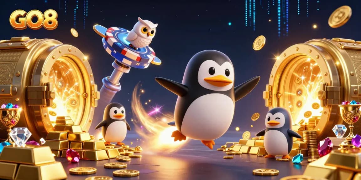 Experience thrilling wins with GO8, featuring a penguin soaring towards a casino chip amidst gold treasures.