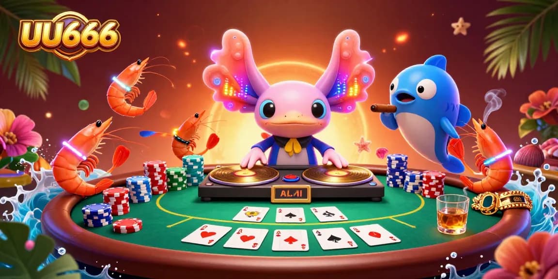 UU666 engages players with an exciting poker scene featuring a vibrant DJ and dynamic characters, showcasing winnings and energy.