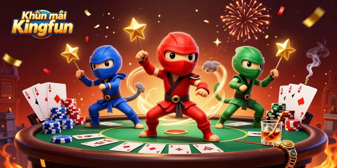 Join the action with Khuyến mãi Kingfun, showcasing vibrant casino elements and energetic chameleon ninjas.