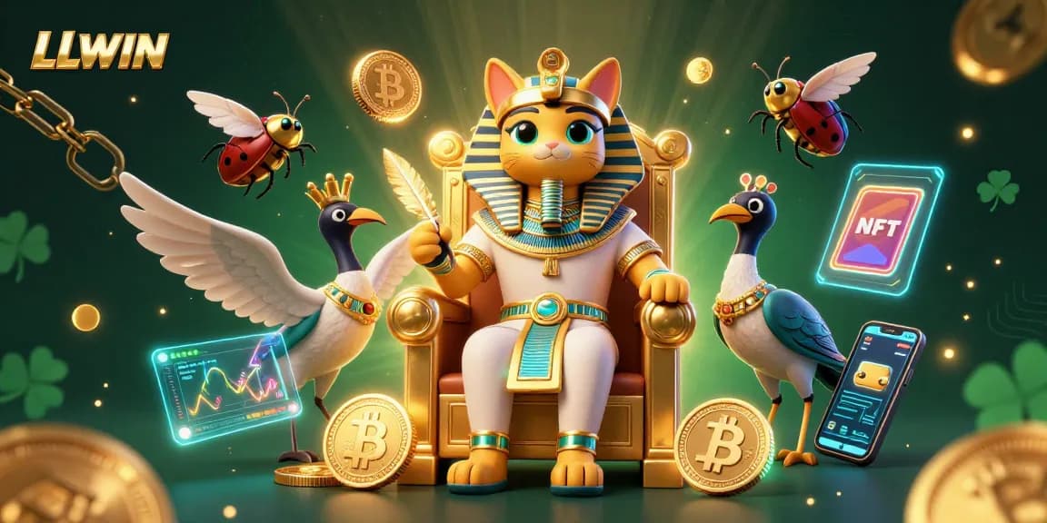 LLWIN showcases a dynamic 3D scene of cartoon characters amidst crypto coins, emphasizing thrilling gaming action.