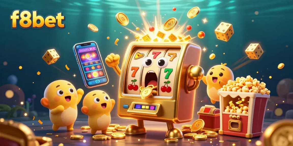 Experience the thrilling f8bet jackpot celebration with animated slot machines and festive gold coins.