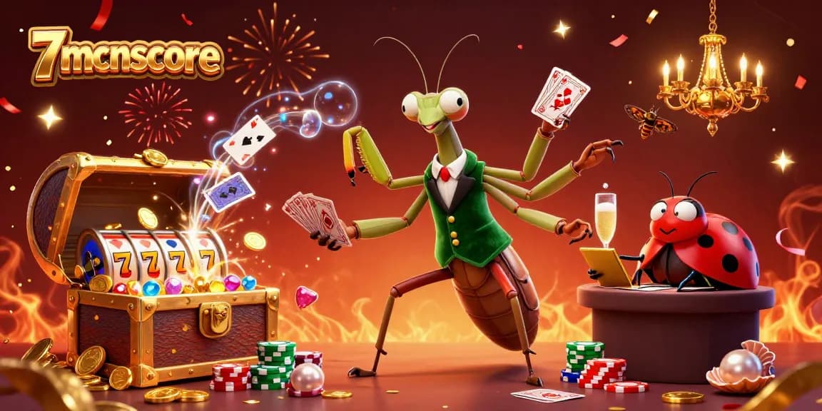 Win big with 7mcnscore's 3D casino illustration featuring card sharks and treasures.