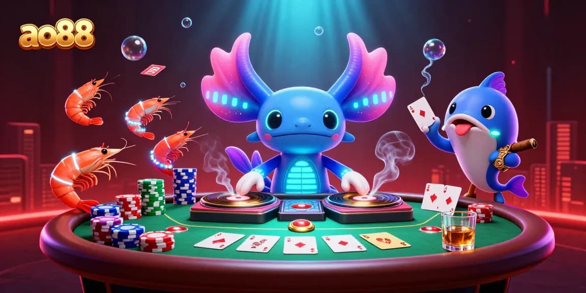 Spin and win with ao88's vibrant casino atmosphere featuring energetic axolotl DJ and poker action.
